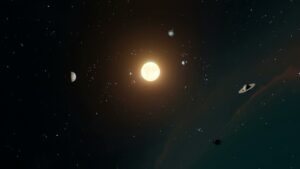 Artistic depiction of the solar system with planets orbiting the sun in space.