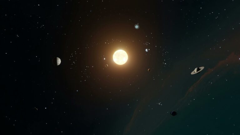 Artistic depiction of the solar system with planets orbiting the sun in space.