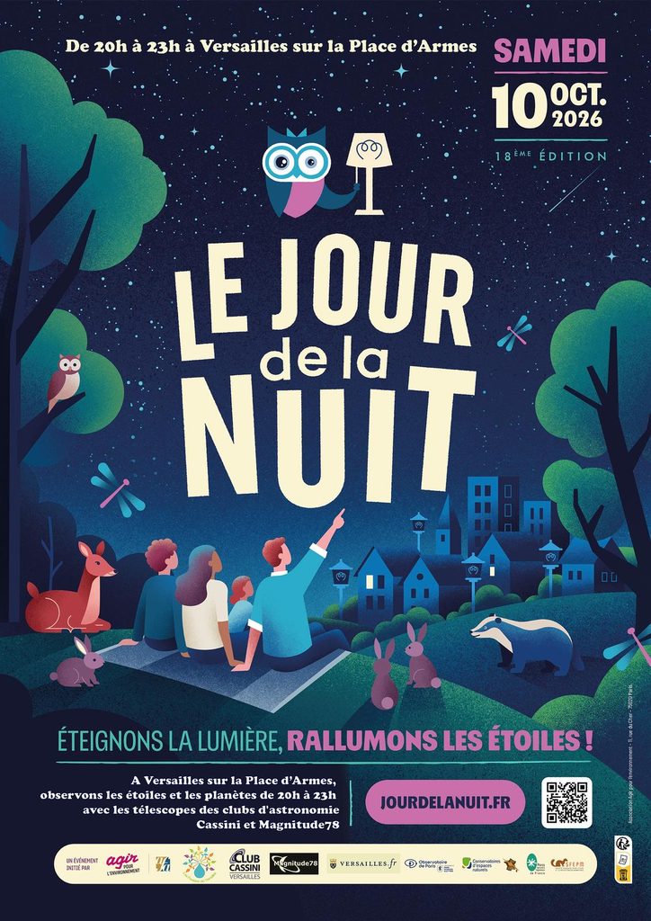 Affiche du Jour de la Nuit 2026 : samedi 10 octobre, de 20h à 23h, place d'Armes à Versailles, avec les clubs d'astronomie Cassini et Magnitude 78