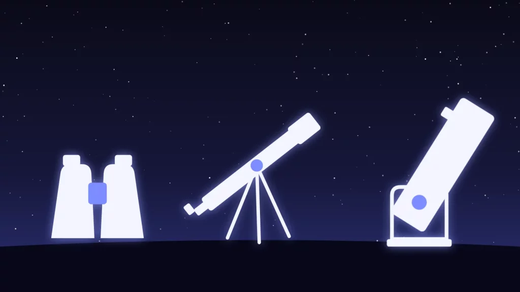 Des jumelles, une lunette sur trépied et un télescope Dobson