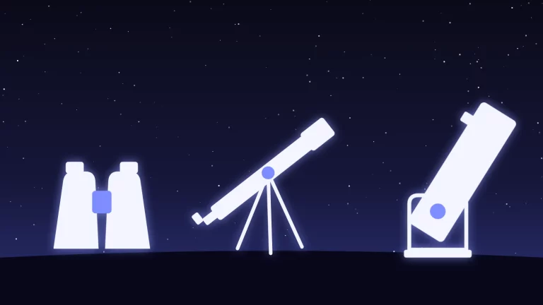 Des jumelles, une lunette sur trépied et un télescope Dobson