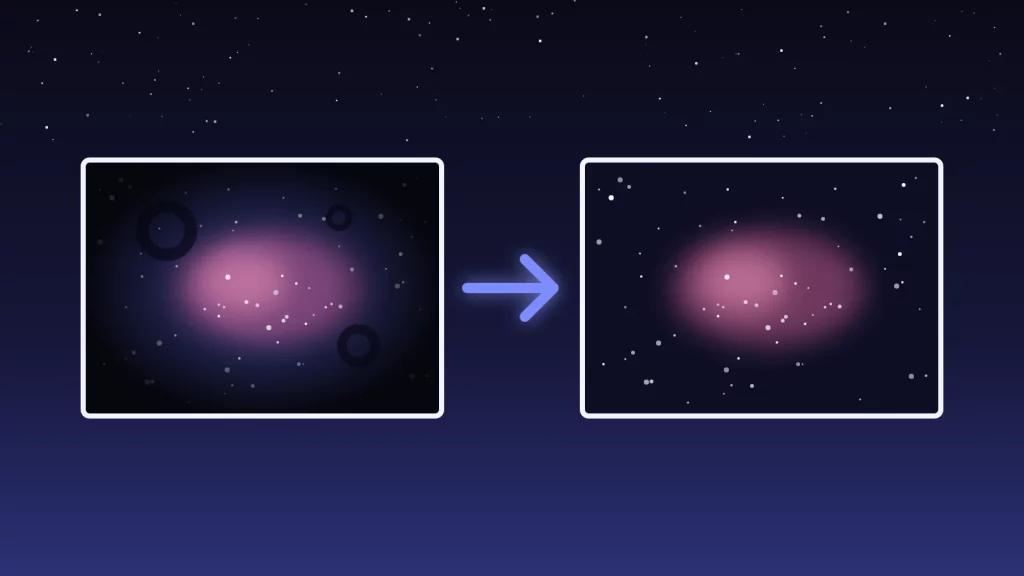 Une image du ciel avec vignetage et poussières, puis la même image corrigée par un flat