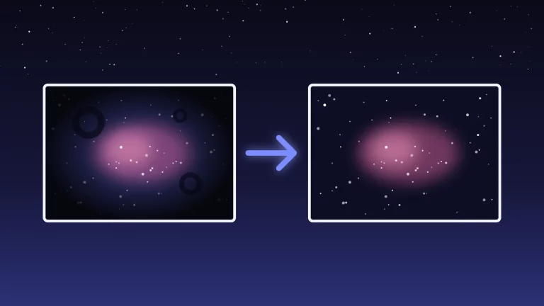Une image du ciel avec vignetage et poussières, puis la même image corrigée par un flat