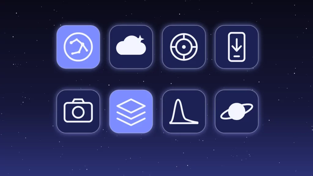 Huit icônes d’applications d’astronomie sur un ciel étoilé : carte du ciel, météo, oculaire, téléphone, caméra, empilement, histogramme, planète