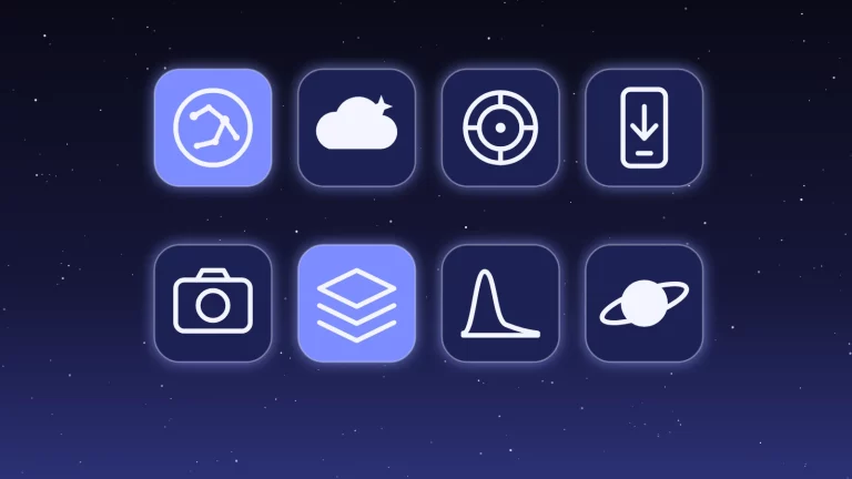Huit icônes d’applications d’astronomie sur un ciel étoilé : carte du ciel, météo, oculaire, téléphone, caméra, empilement, histogramme, planète