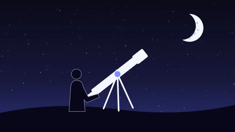 Un observateur et sa lunette sur une colline, sous un croissant de Lune