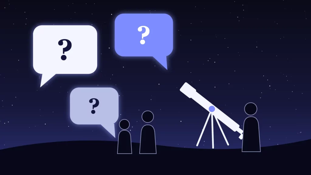 Des bulles de questions au-dessus du public rassemblé autour d’une lunette